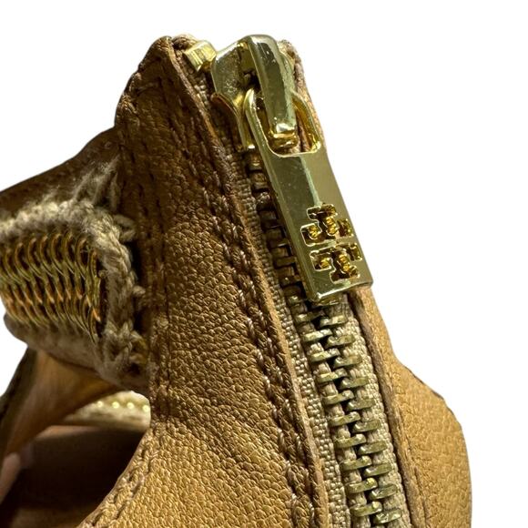 Tory Burch Lucian Tan Leather Gold Chain Strappy Wedge Sandals - Size 7 ½ - Picture 6 of 11